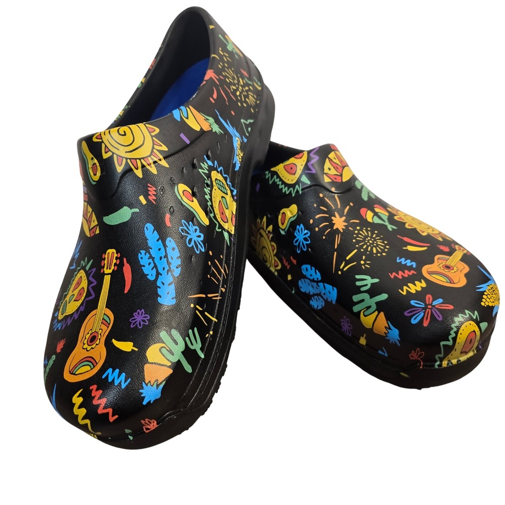 NEW Shoes For Crews Radium Black Multi Festive Print Slip Resistant Clogs M8 W10